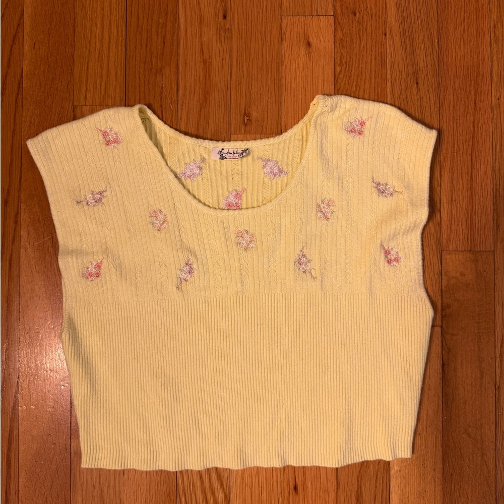 Free People Butter Yellow Ribbed Knit Cropped Top with Floral Embroidery